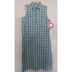 Stressed Out Jenna Lane Blue Green Plaid Sleeveless Collared‎ Cotton Dress Sz 2X